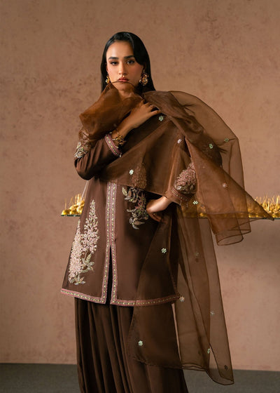 Dastoor | Amelia Luxury Pret 26 | Sarina-Brand:Dastoor-Type:Ladies Clothes-Chocolate Brown-Tissue Silk-House of Maryam- Buy in UK, USA