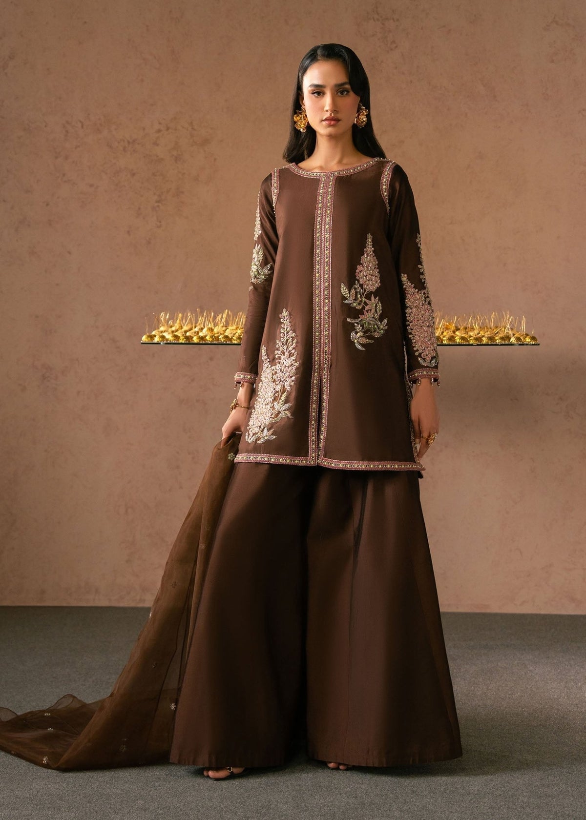 Dastoor | Amelia Luxury Pret 26 | Sarina-Brand:Dastoor-Type:Ladies Clothes-Chocolate Brown-Tissue Silk-House of Maryam- Buy in UK, USA