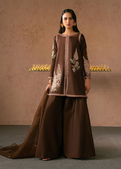 Dastoor | Amelia Luxury Pret 26 | Sarina-Brand:Dastoor-Type:Ladies Clothes-Chocolate Brown-Tissue Silk-House of Maryam- Buy in UK, USA