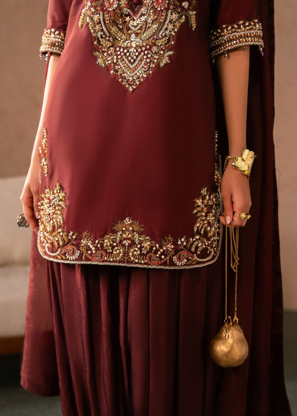 Dastoor | Amelia Luxury Pret 26 | Siena-Brand:Dastoor-Type:Ladies Clothes-Wine Berry-Tissue Silk-House of Maryam- Buy in UK, USA