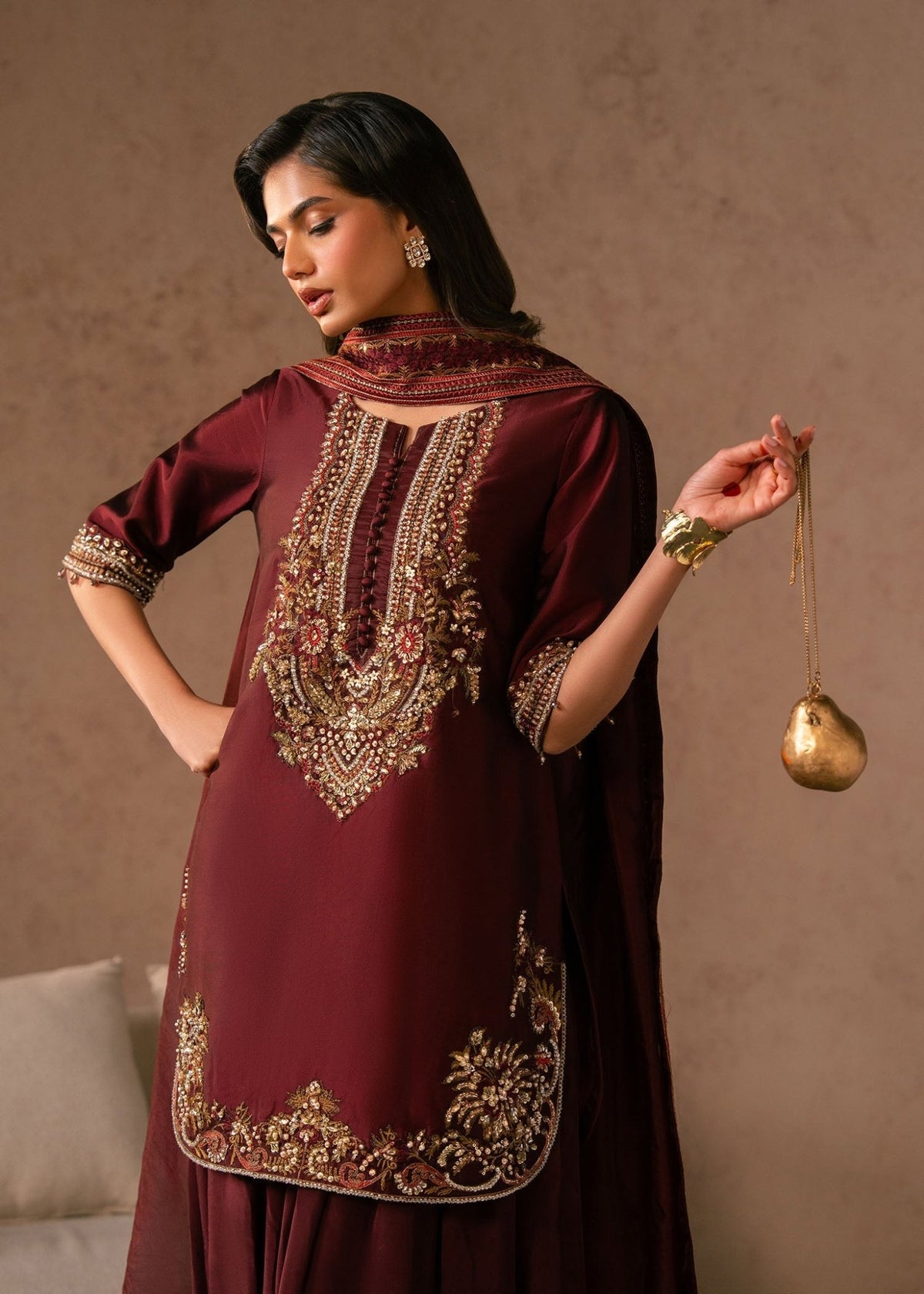 Dastoor | Amelia Luxury Pret 26 | Siena-Brand:Dastoor-Type:Ladies Clothes-Wine Berry-Tissue Silk-House of Maryam- Buy in UK, USA