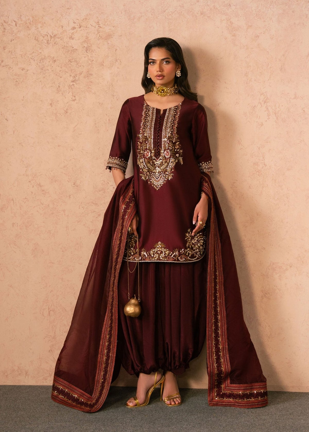 Dastoor | Amelia Luxury Pret 26 | Siena-Brand:Dastoor-Type:Ladies Clothes-Wine Berry-Tissue Silk-House of Maryam- Buy in UK, USA