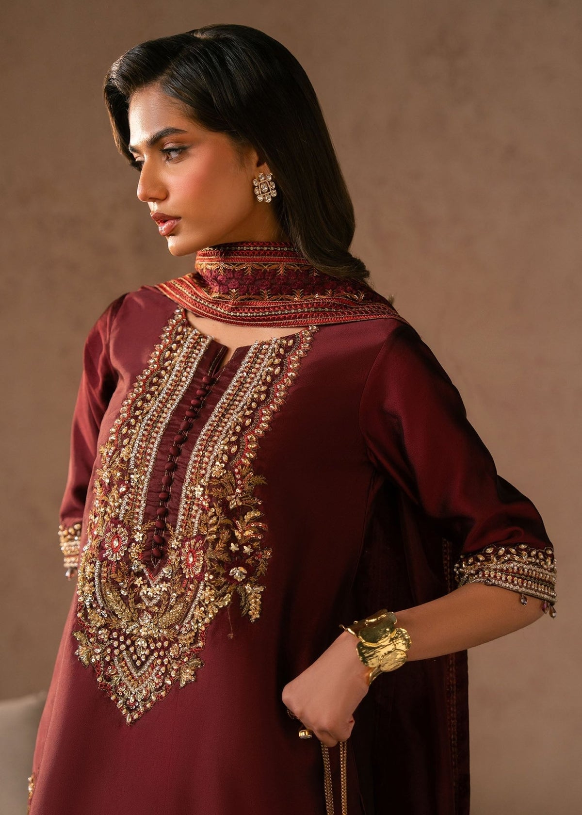 Dastoor | Amelia Luxury Pret 26 | Siena-Brand:Dastoor-Type:Ladies Clothes-Wine Berry-Tissue Silk-House of Maryam- Buy in UK, USA