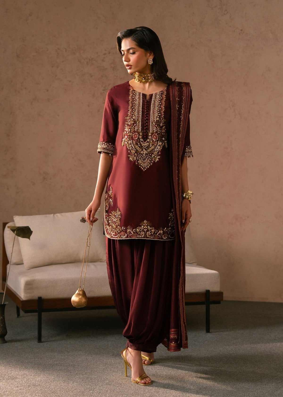 Dastoor | Amelia Luxury Pret 26 | Siena-Brand:Dastoor-Type:Ladies Clothes-Wine Berry-Tissue Silk-House of Maryam- Buy in UK, USA