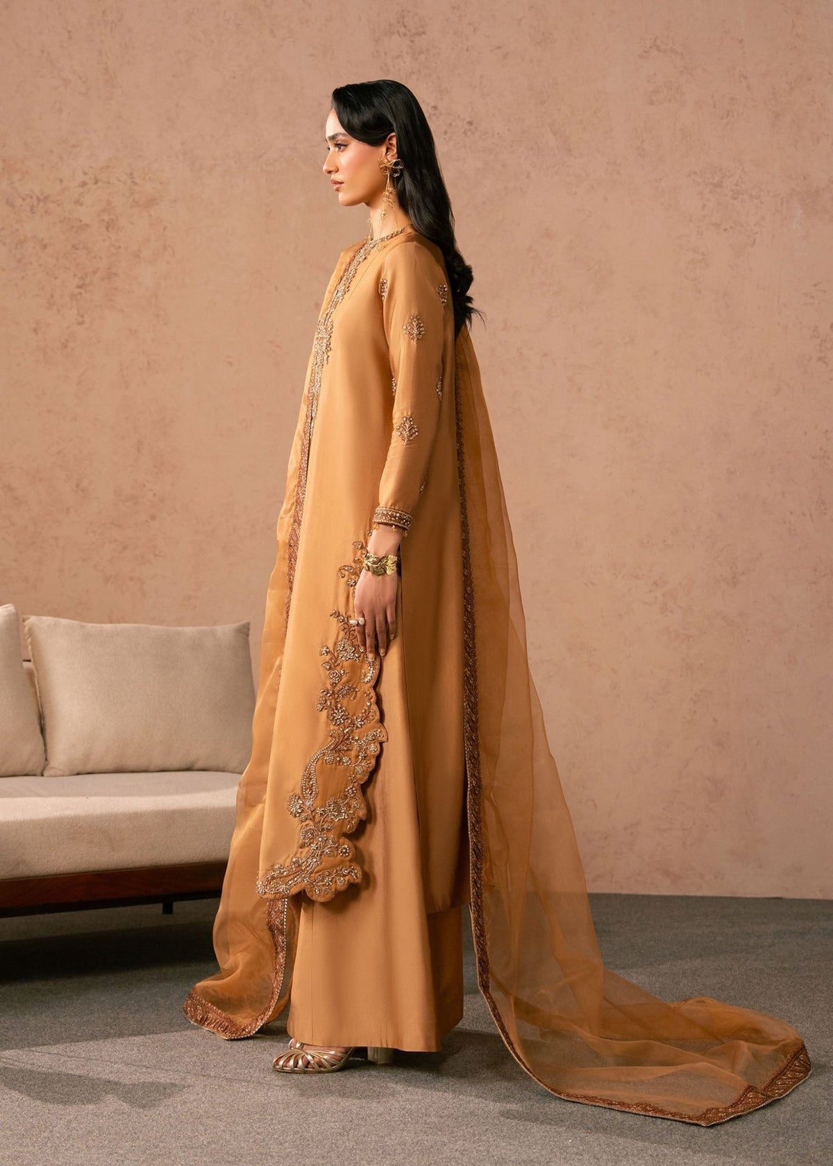 Dastoor | Amelia Luxury Pret 26 | Soleia-Brand:Dastoor-Type:Ladies Clothes-Mustard-Tissue Silk-House of Maryam- Buy in UK, USA
