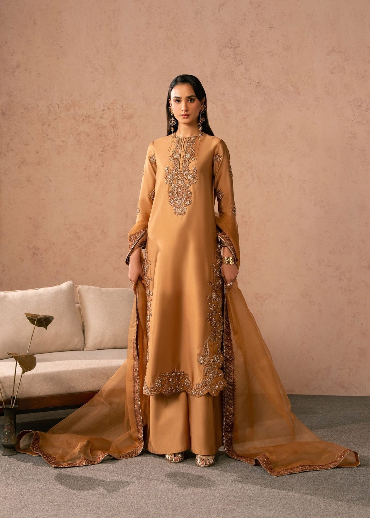 Dastoor | Amelia Luxury Pret 26 | Soleia-Brand:Dastoor-Type:Ladies Clothes-Mustard-Tissue Silk-House of Maryam- Buy in UK, USA