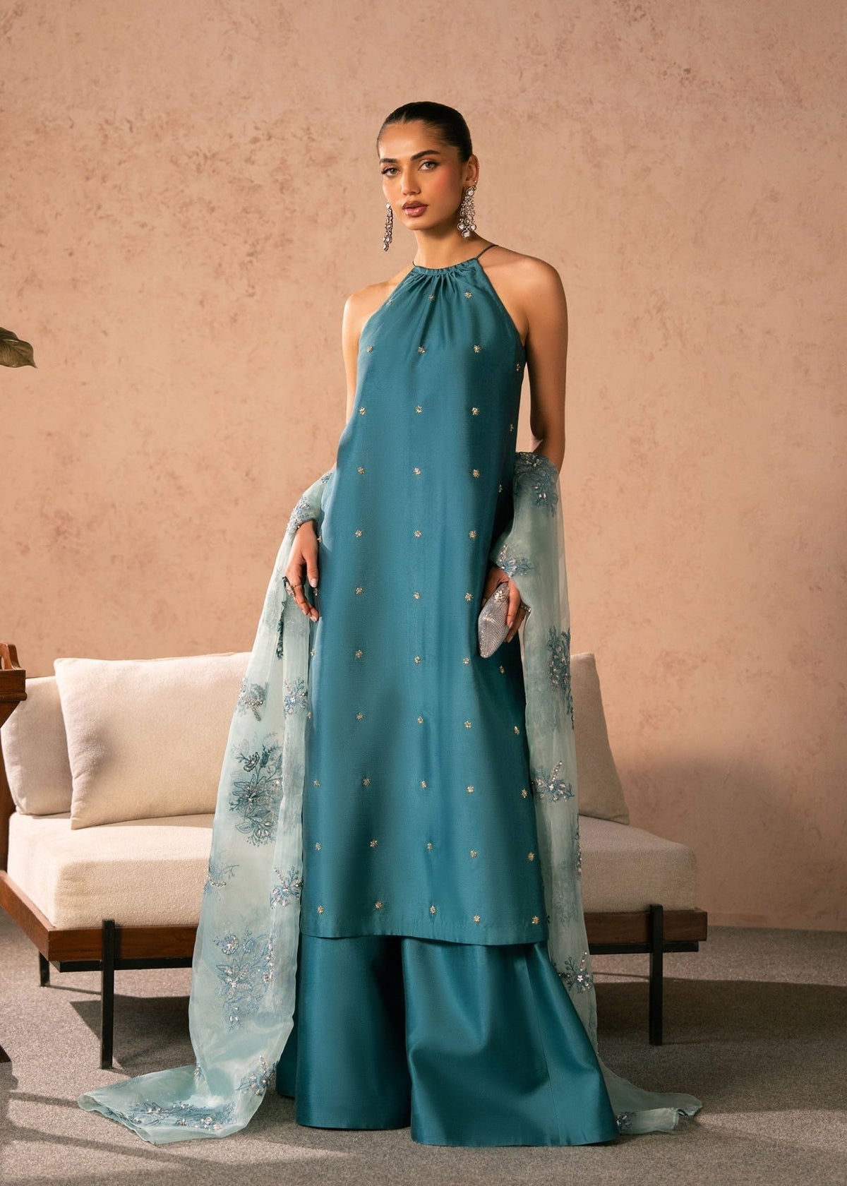 Dastoor | Amelia Luxury Pret 26 | Zenia-Brand:Dastoor-Type:Ladies Clothes-Teal Blue-Tissue Silk-House of Maryam- Buy in UK, USA