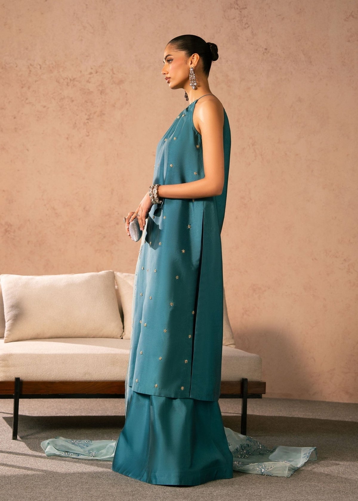 Dastoor | Amelia Luxury Pret 26 | Zenia-Brand:Dastoor-Type:Ladies Clothes-Teal Blue-Tissue Silk-House of Maryam- Buy in UK, USA
