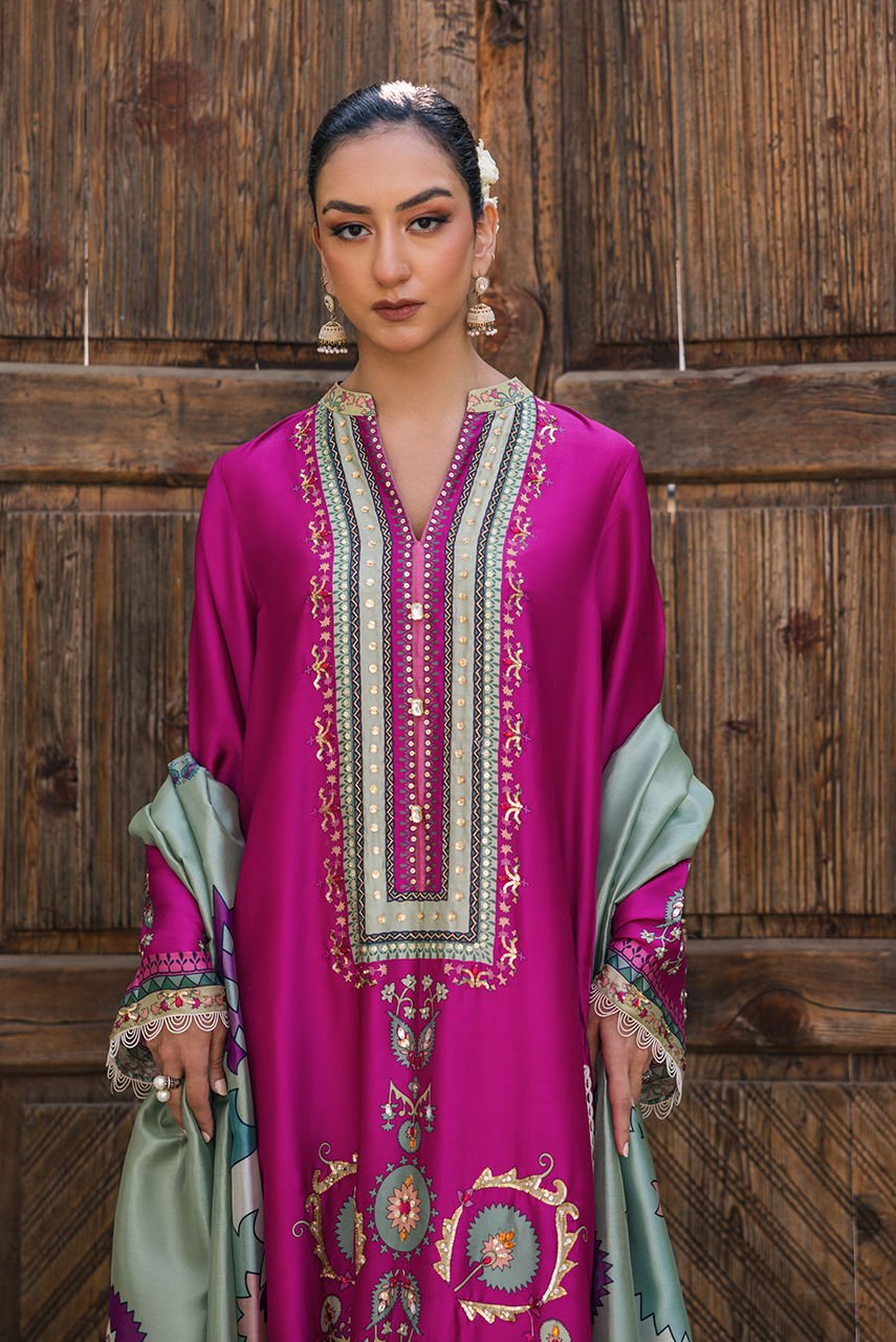 Deepak Perwani | Eid Edit 25 | KUD05-Brand:Deepak Perwani-Type:Ladies Clothes-Magenta-Pure Silk-House of Maryam- Buy in UK, USA