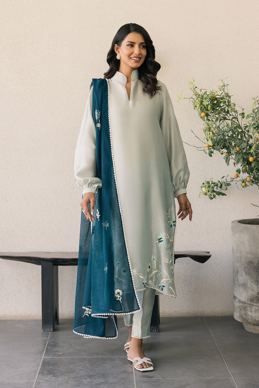 Deepak Perwani | Eid Edit 25 | Kut323-Brand:Deepak Perwani-Type:Ladies Clothes-Ice Blue-Sheesha Silk-House of Maryam- Buy in UK, USA