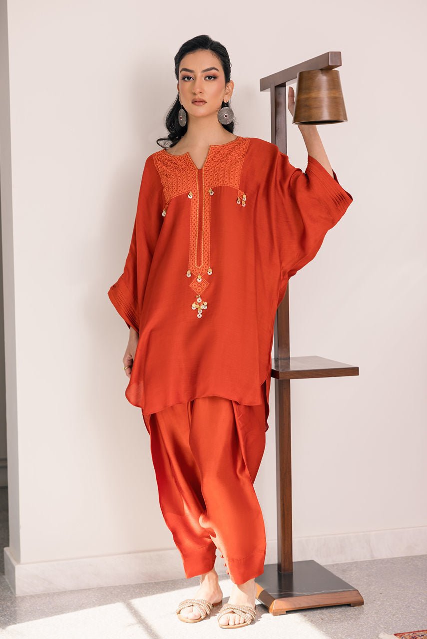 Deepak Perwani | Eid Edit 25 | Kut325-Brand:Deepak Perwani-Type:Ladies Clothes-Burnt Orange-Sheesha Silk-House of Maryam- Buy in UK, USA