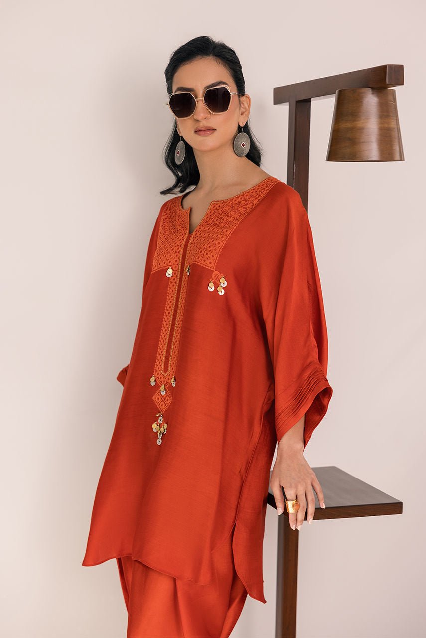 Deepak Perwani | Eid Edit 25 | Kut325-Brand:Deepak Perwani-Type:Ladies Clothes-Burnt Orange-Sheesha Silk-House of Maryam- Buy in UK, USA