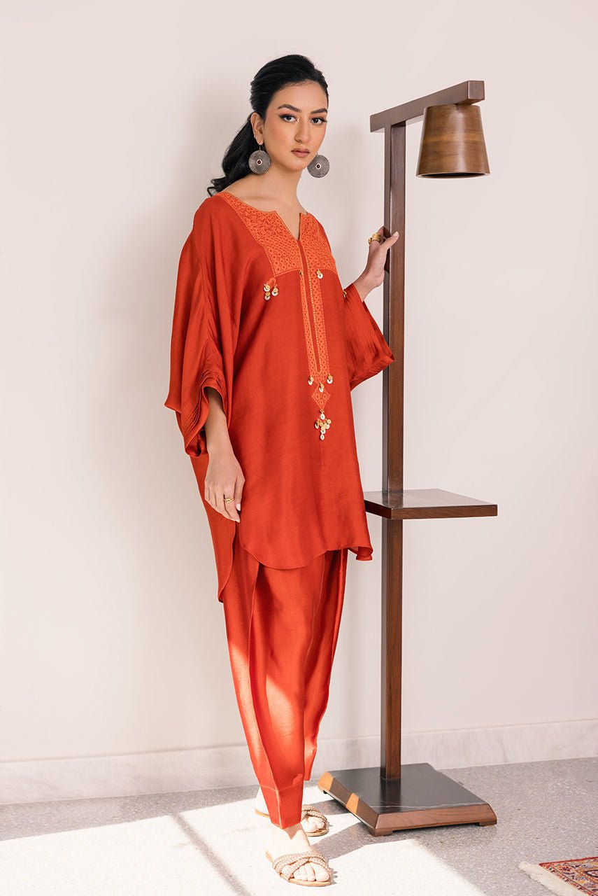 Deepak Perwani | Eid Edit 25 | Kut325-Brand:Deepak Perwani-Type:Ladies Clothes-Burnt Orange-Sheesha Silk-House of Maryam- Buy in UK, USA