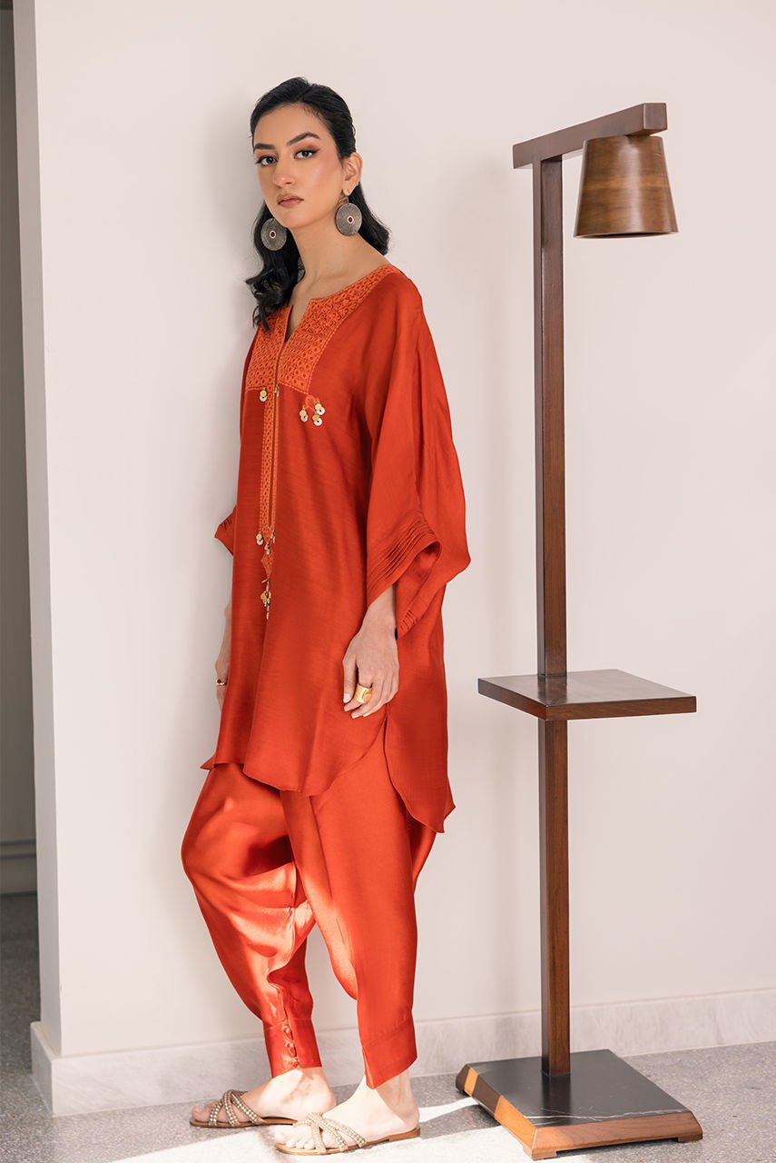 Deepak Perwani | Eid Edit 25 | Kut325-Brand:Deepak Perwani-Type:Ladies Clothes-Burnt Orange-Sheesha Silk-House of Maryam- Buy in UK, USA