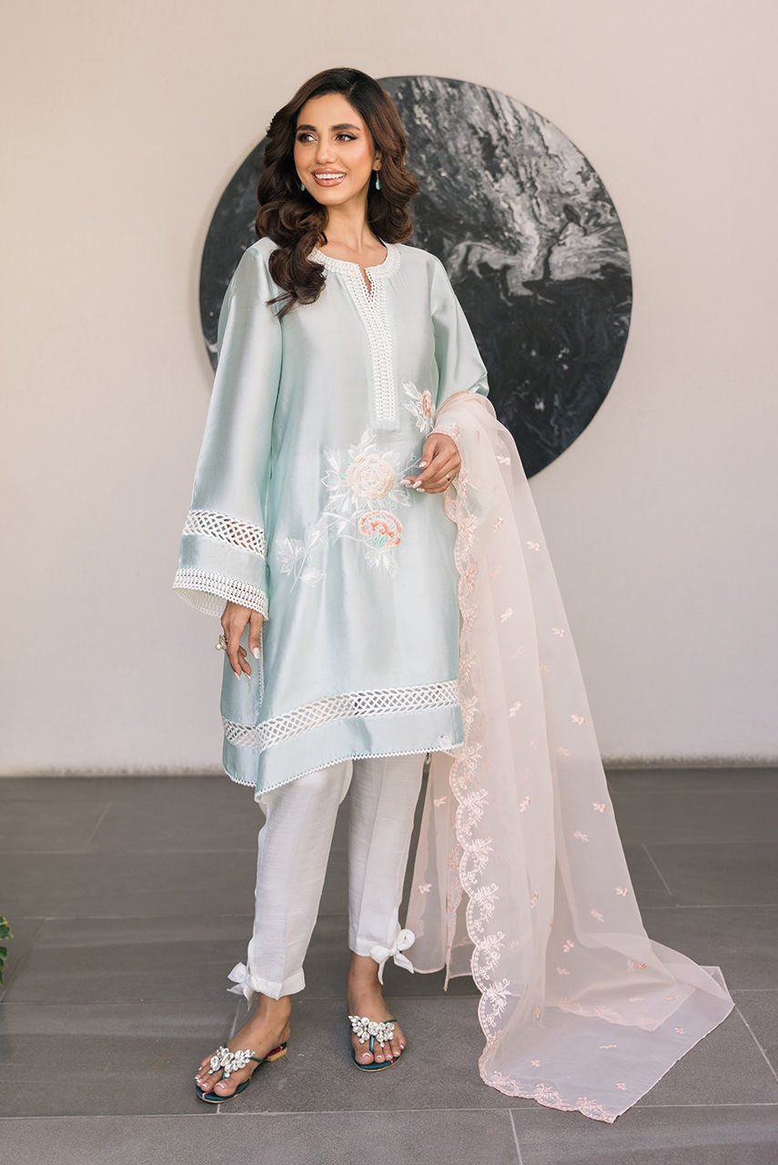 Deepak Perwani | Eid Edit 25 | Kut326-Brand:Deepak Perwani-Type:Ladies Clothes-Ice Blue-Sheesha Silk-House of Maryam- Buy in UK, USA