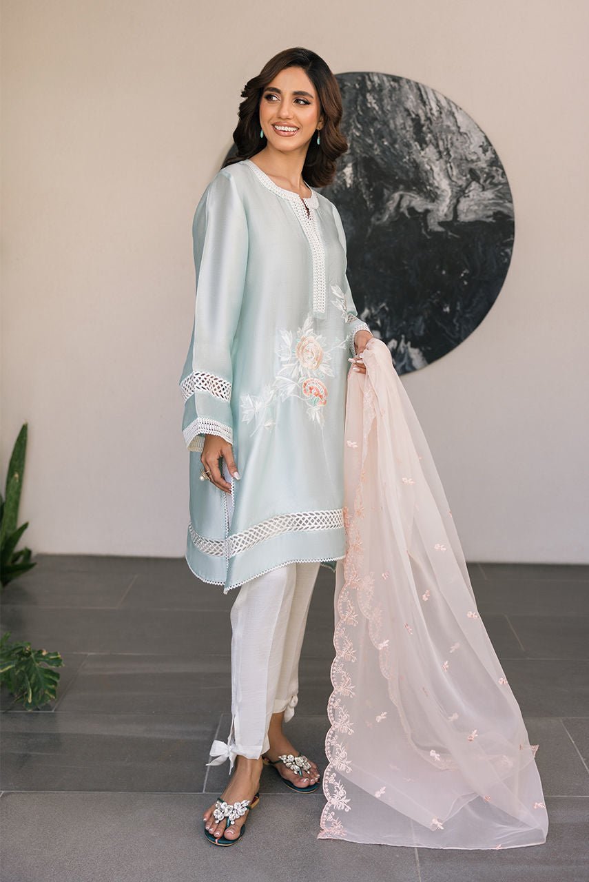 Deepak Perwani | Eid Edit 25 | Kut326-Brand:Deepak Perwani-Type:Ladies Clothes-Ice Blue-Sheesha Silk-House of Maryam- Buy in UK, USA