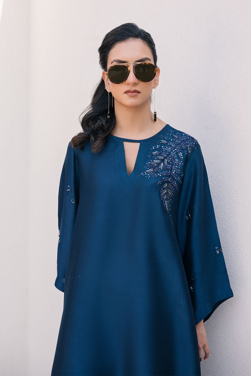 Deepak Perwani | Eid Edit 25 | Kut327-Brand:Deepak Perwani-Type:Ladies Clothes-Blue-Sheesha Silk-House of Maryam- Buy in UK, USA