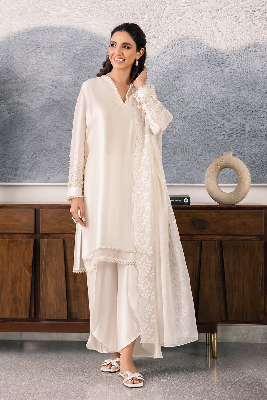 Deepak Perwani | Eid Edit 25 | Kut328-Brand:Deepak Perwani-Type:Ladies Clothes-White-Sheesha Silk-House of Maryam- Buy in UK, USA