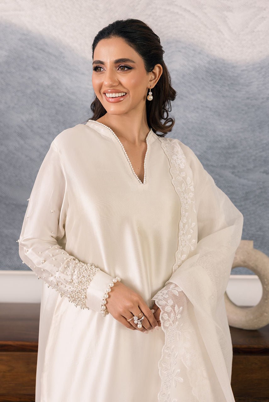Deepak Perwani | Eid Edit 25 | Kut328-Brand:Deepak Perwani-Type:Ladies Clothes-White-Sheesha Silk-House of Maryam- Buy in UK, USA