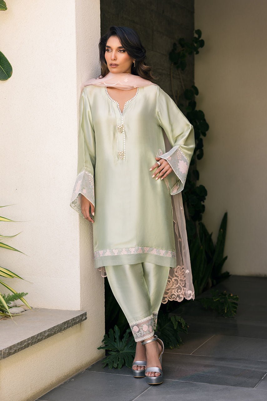 Deepak Perwani | Eid Edit 25 | Kut329-Brand:Deepak Perwani-Type:Ladies Clothes-Mint Green-Silk-House of Maryam- Buy in UK, USA