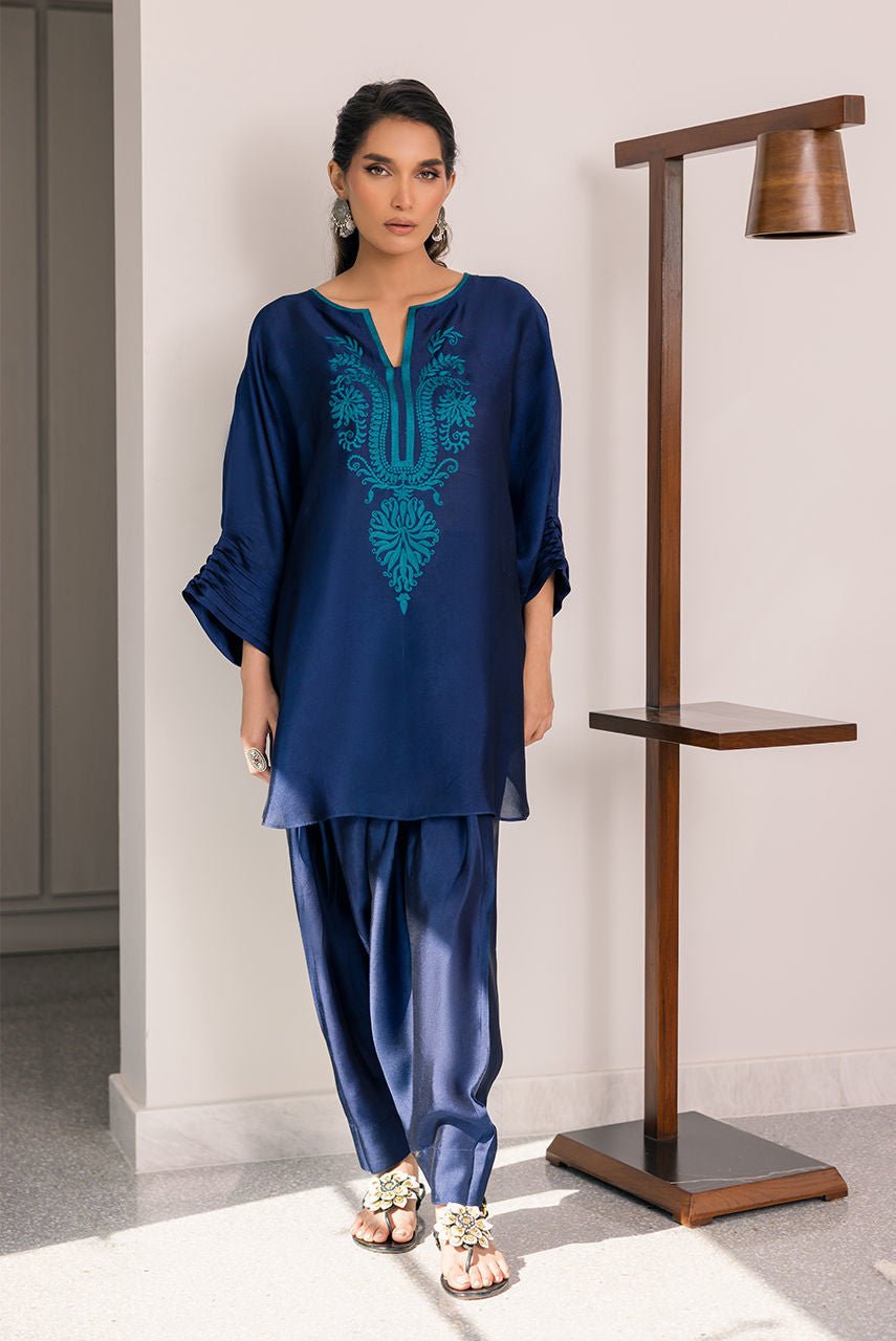 Deepak Perwani | Eid Edit 25 | Kut331-Brand:Deepak Perwani-Type:Ladies Clothes-Blue-Sheesha Silk-House of Maryam- Buy in UK, USA