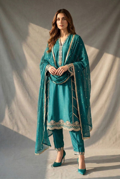 Deepak Perwani | Nazia Eid Edit 26 | KTD4201-Brand:Deepak Perwani-Type:Ladies Clothes-Teal-Silk-House of Maryam- Buy in UK, USA
