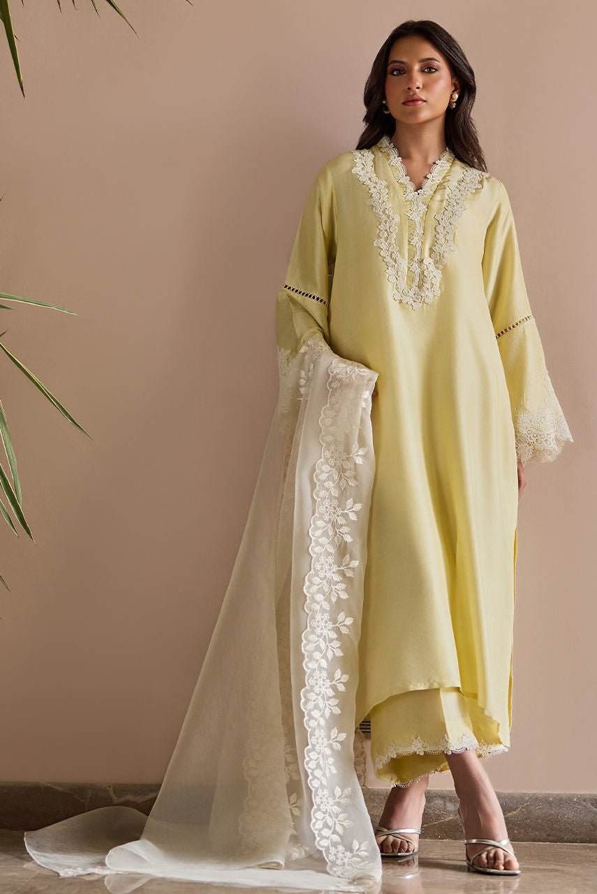 Deepak Perwani | Nazia Eid Edit 26 | Lumiere-Brand:Deepak Perwani-Type:Ladies Clothes-Butter Yellow-Raw Silk-House of Maryam- Buy in UK, USA