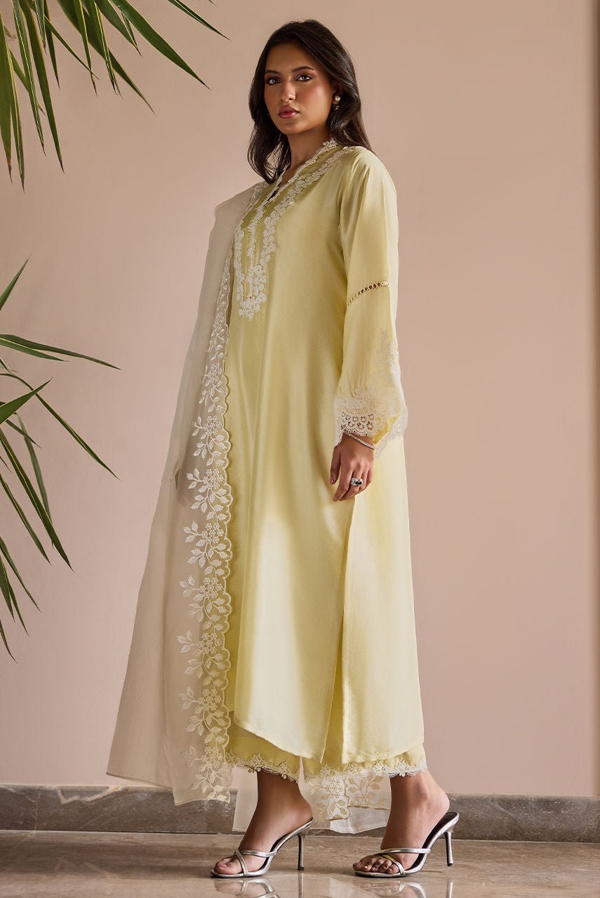 Deepak Perwani | Nazia Eid Edit 26 | Lumiere-Brand:Deepak Perwani-Type:Ladies Clothes-Butter Yellow-Raw Silk-House of Maryam- Buy in UK, USA
