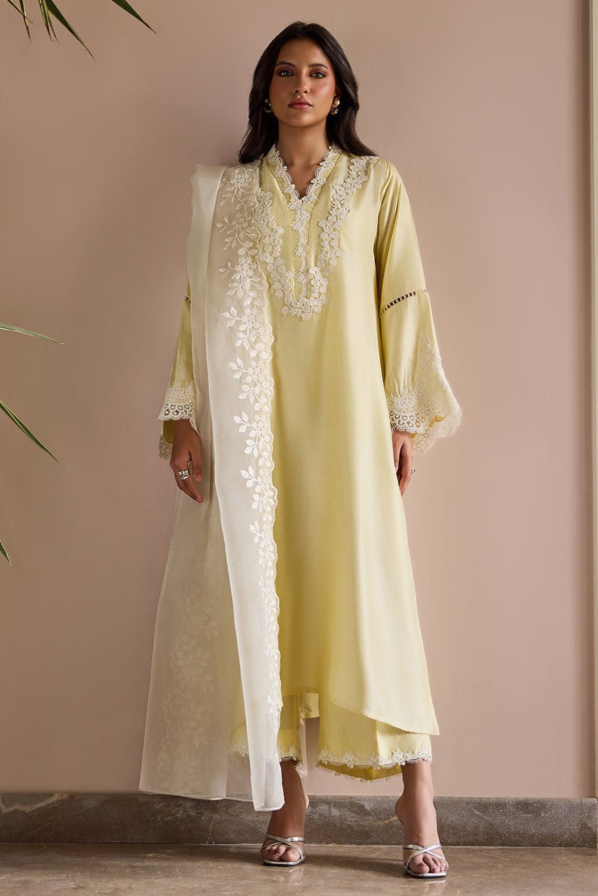Deepak Perwani | Nazia Eid Edit 26 | Lumiere-Brand:Deepak Perwani-Type:Ladies Clothes-Butter Yellow-Raw Silk-House of Maryam- Buy in UK, USA