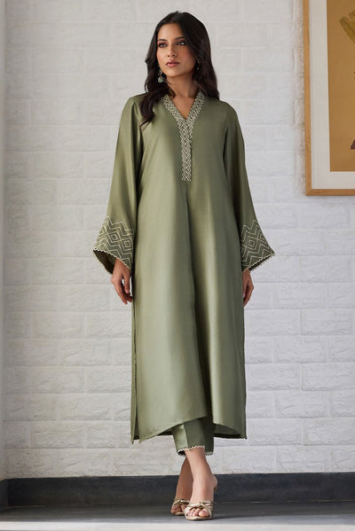Deepak Perwani | Nazia Eid Edit 26 | Oliva-Brand:Deepak Perwani-Type:Ladies Clothes-Olive Green-Raw Silk-House of Maryam- Buy in UK, USA