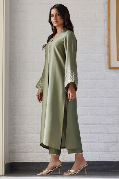 Deepak Perwani | Nazia Eid Edit 26 | Oliva-Brand:Deepak Perwani-Type:Ladies Clothes-Olive Green-Raw Silk-House of Maryam- Buy in UK, USA