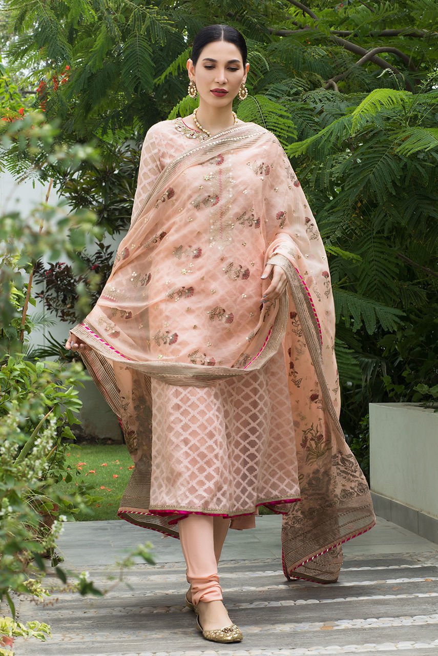 Deepak Perwani | Nazia Eid Edit 26 | Souris (KTD3256)-Brand:Deepak Perwani-Type:Ladies Clothes-Pale Peach-Jacquard-House of Maryam- Buy in UK, USA