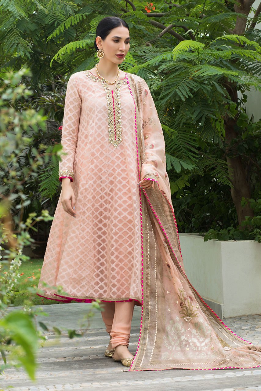 Deepak Perwani | Nazia Eid Edit 26 | Souris (KTD3256)-Brand:Deepak Perwani-Type:Ladies Clothes-Pale Peach-Jacquard-House of Maryam- Buy in UK, USA