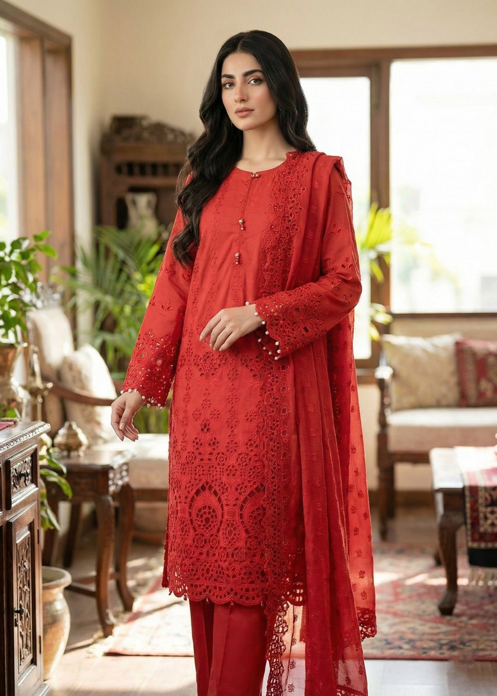 Diara Couture | E id Lawn 26 |EID. ZORI - ZD-4674-Brand:Diara Couture-Type:Ladies Clothes-Red-Cotton-House of Maryam- Buy in UK, USA
