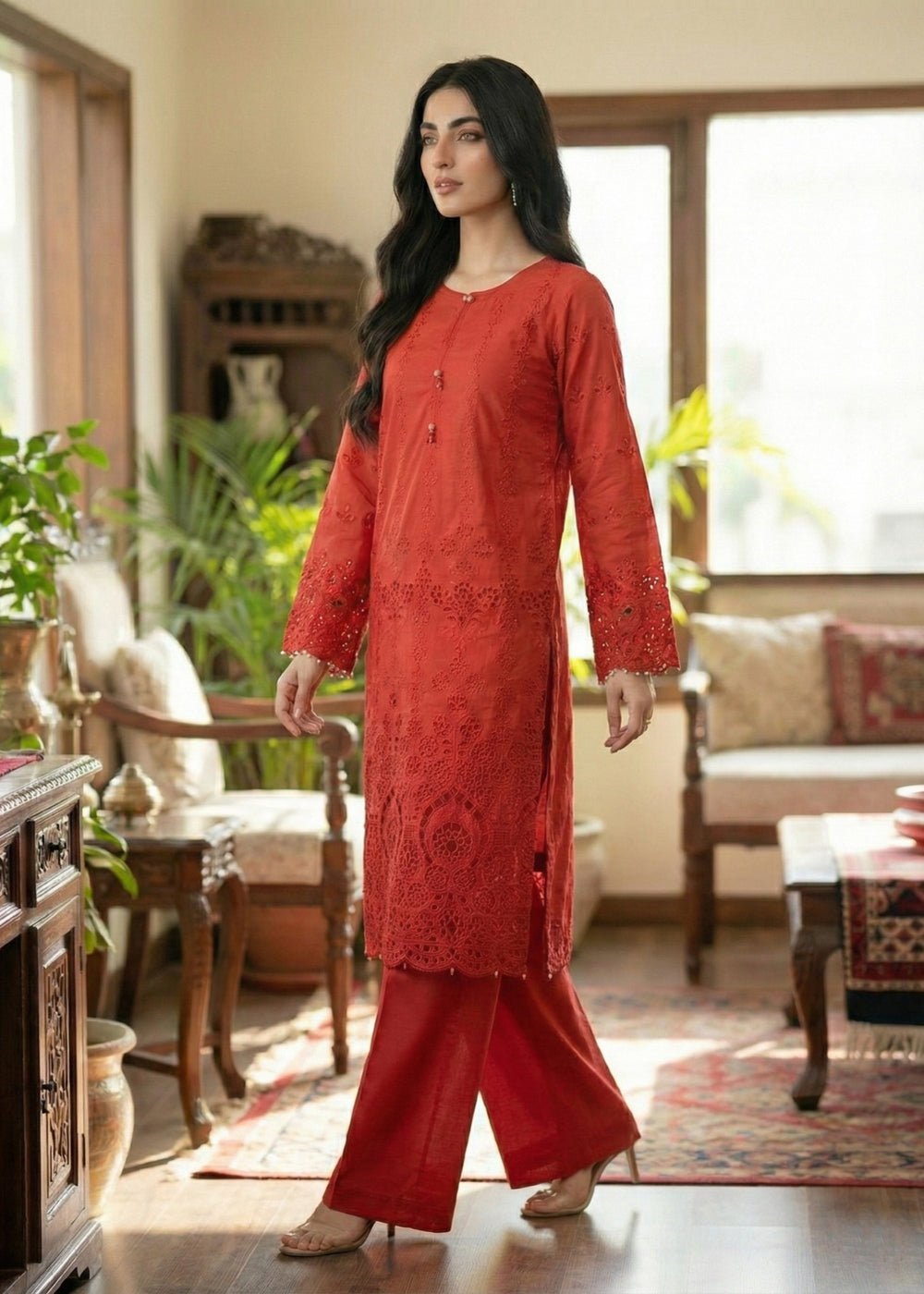 Diara Couture | E id Lawn 26 |EID. ZORI - ZD-4674-Brand:Diara Couture-Type:Ladies Clothes-Red-Cotton-House of Maryam- Buy in UK, USA