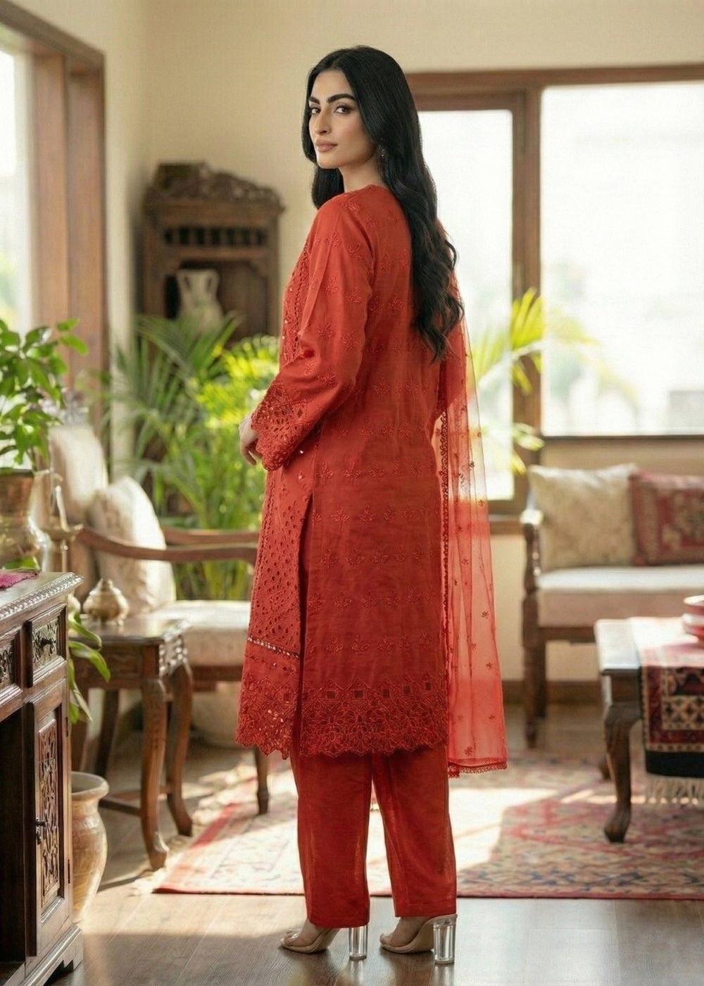 Diara Couture | E id Lawn 26 |EID. ZORI - ZD-4674-Brand:Diara Couture-Type:Ladies Clothes-Red-Cotton-House of Maryam- Buy in UK, USA