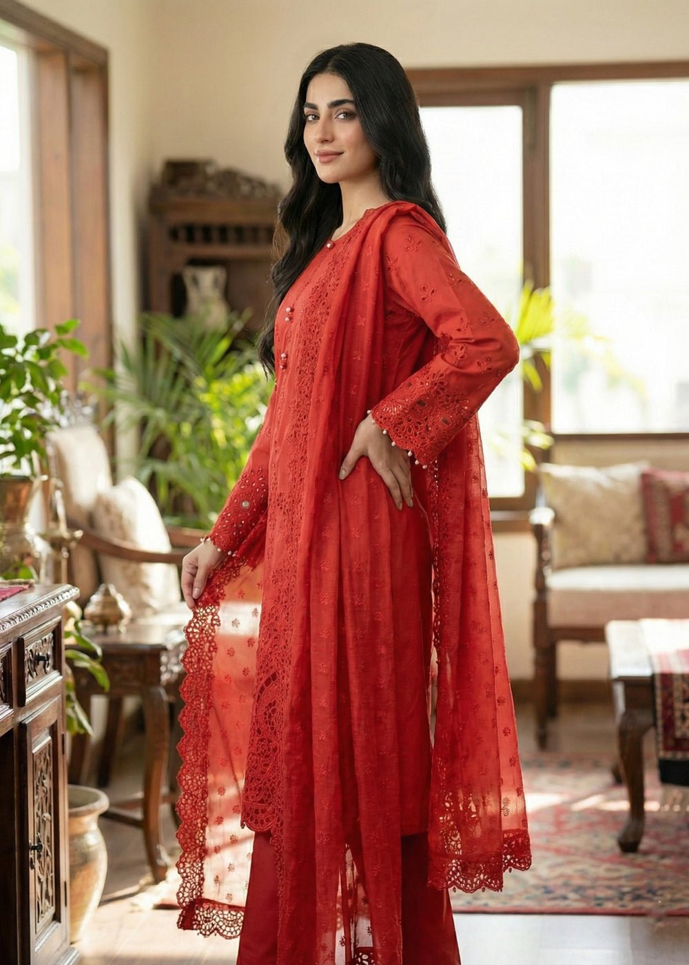 Diara Couture | E id Lawn 26 |EID. ZORI - ZD-4674-Brand:Diara Couture-Type:Ladies Clothes-Red-Cotton-House of Maryam- Buy in UK, USA