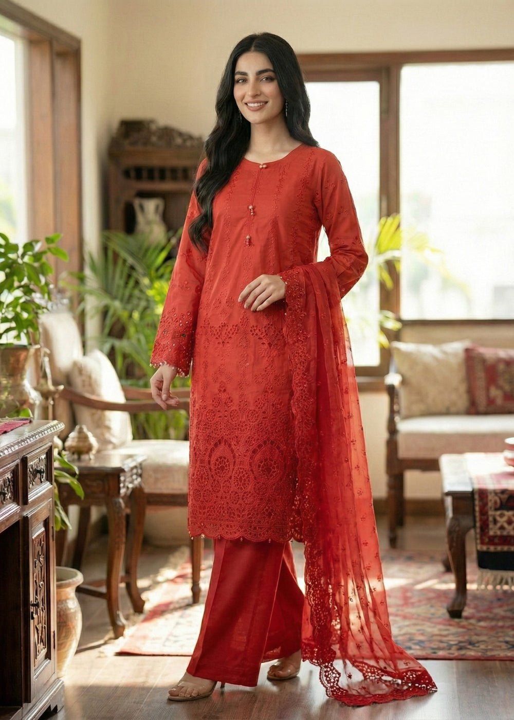 Diara Couture | E id Lawn 26 |EID. ZORI - ZD-4674-Brand:Diara Couture-Type:Ladies Clothes-Red-Cotton-House of Maryam- Buy in UK, USA