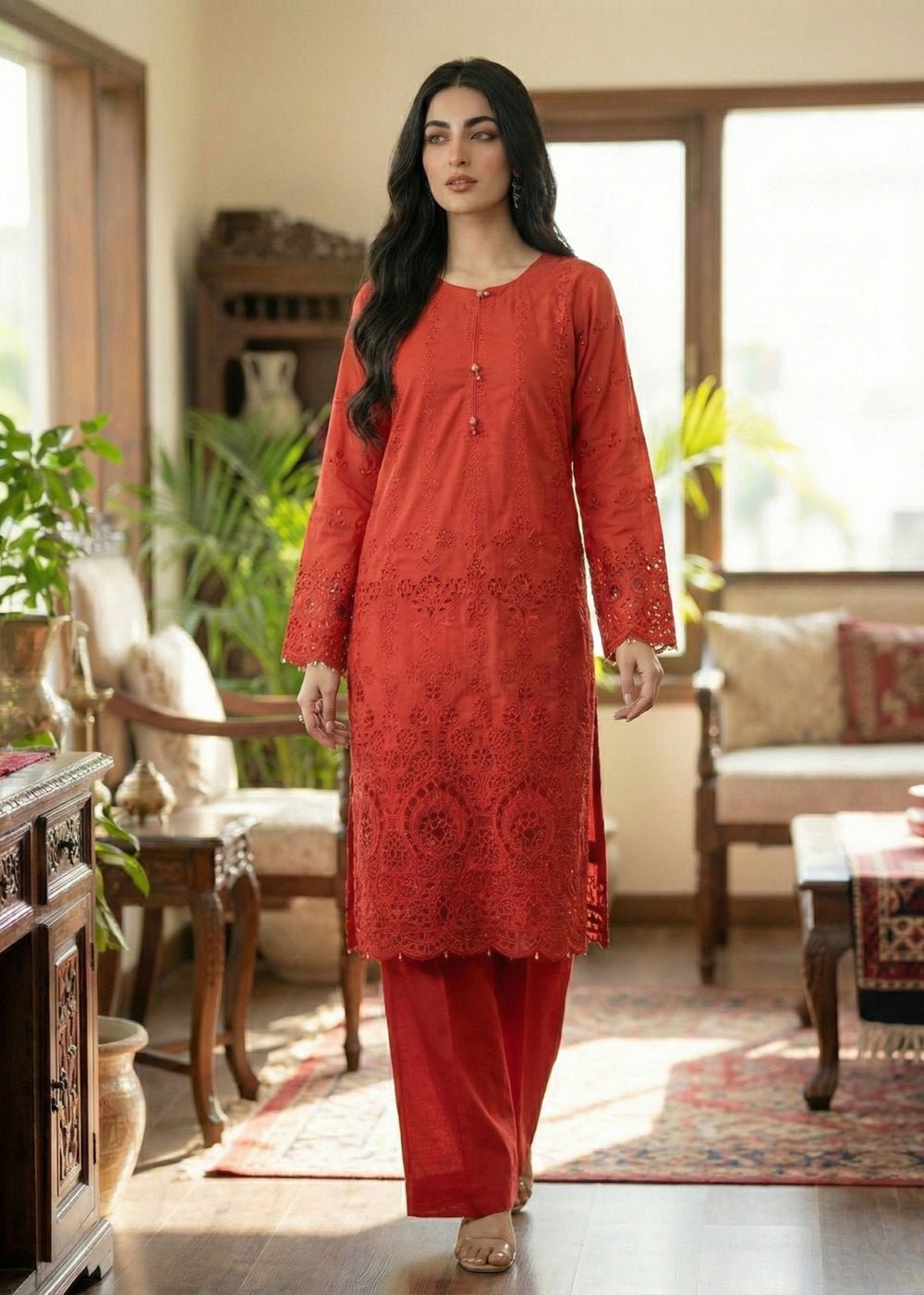 Diara Couture | E id Lawn 26 |EID. ZORI - ZD-4674-Brand:Diara Couture-Type:Ladies Clothes-Red-Cotton-House of Maryam- Buy in UK, USA