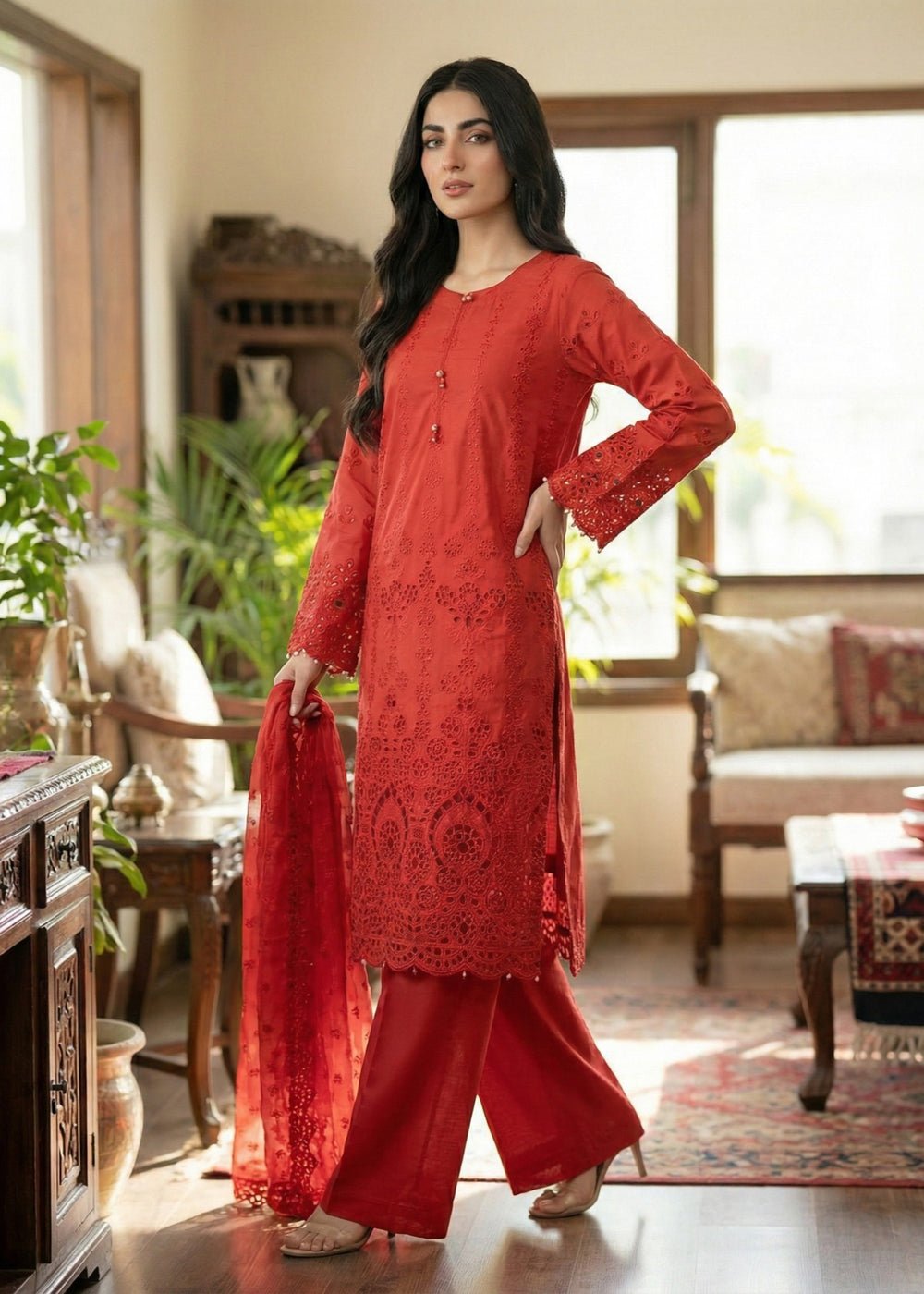 Diara Couture | E id Lawn 26 |EID. ZORI - ZD-4674-Brand:Diara Couture-Type:Ladies Clothes-Red-Cotton-House of Maryam- Buy in UK, USA