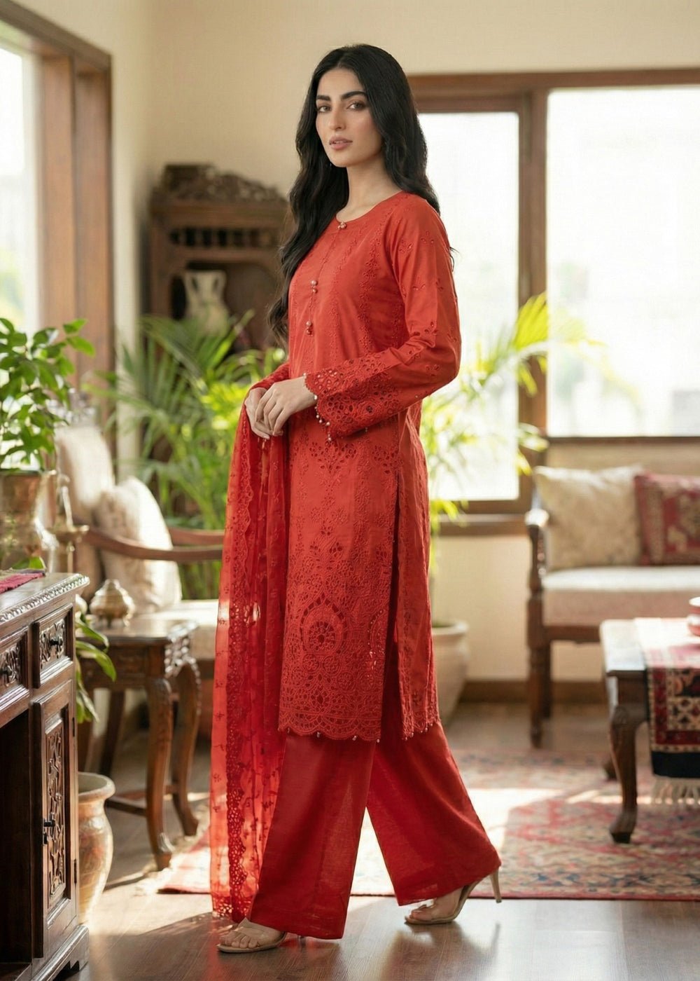 Diara Couture | E id Lawn 26 |EID. ZORI - ZD-4674-Brand:Diara Couture-Type:Ladies Clothes-Red-Cotton-House of Maryam- Buy in UK, USA