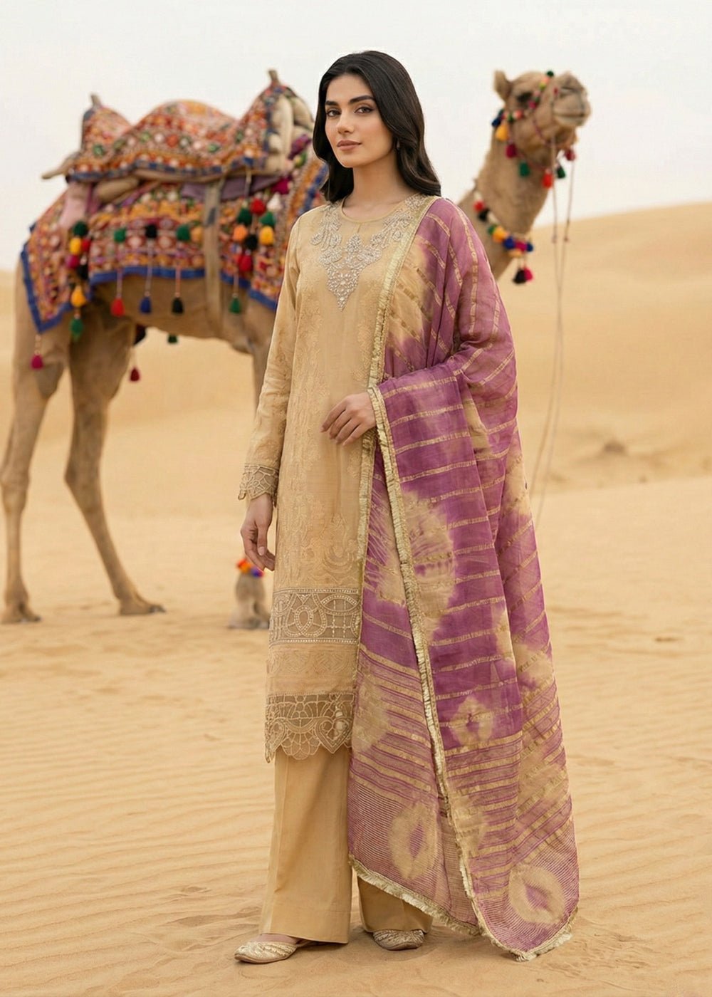 Diara Couture | Eid Lawn 26 | EID. BREEZE - ZD-22-Brand:Diara Couture-Type:Ladies Clothes-Beige-Jacquard-House of Maryam- Buy in UK, USA