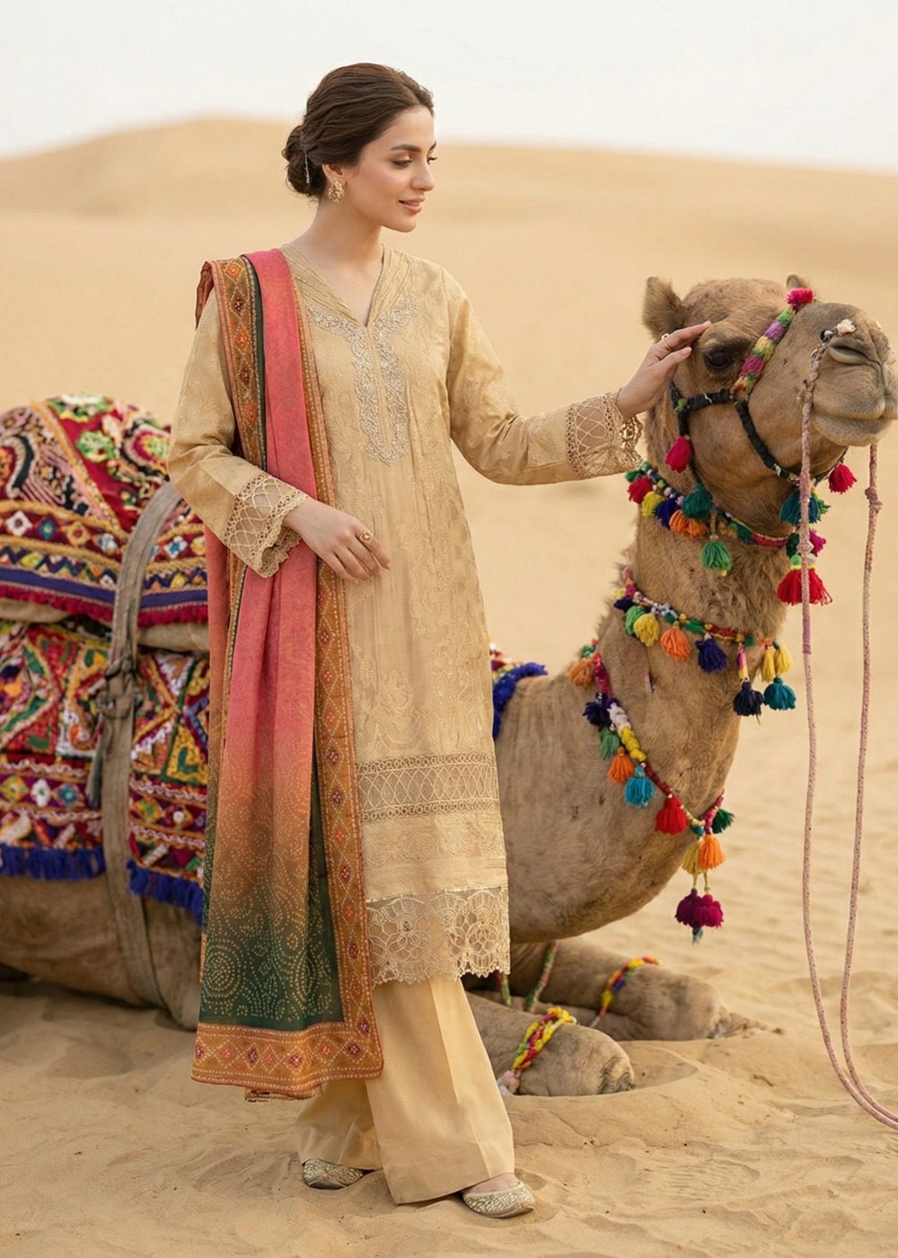 Diara Couture | Eid Lawn 26 | EID. COCOA - ZD-21-Brand:Diara Couture-Type:Ladies Clothes-Beige-Jacquard-House of Maryam- Buy in UK, USA