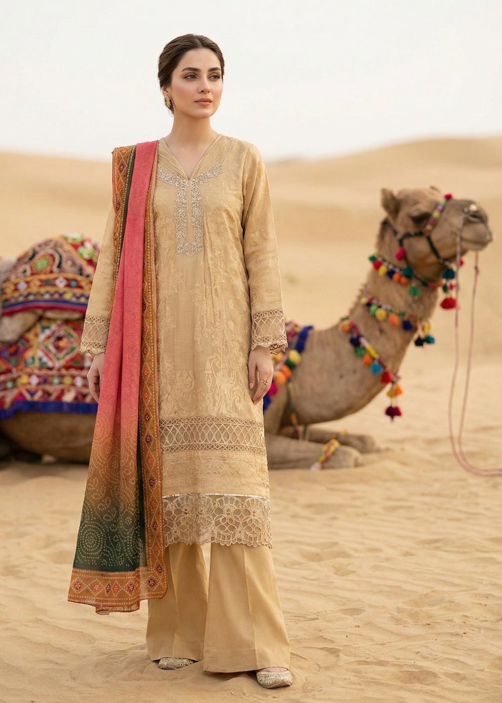 Diara Couture | Eid Lawn 26 | EID. COCOA - ZD-21-Brand:Diara Couture-Type:Ladies Clothes-Beige-Jacquard-House of Maryam- Buy in UK, USA