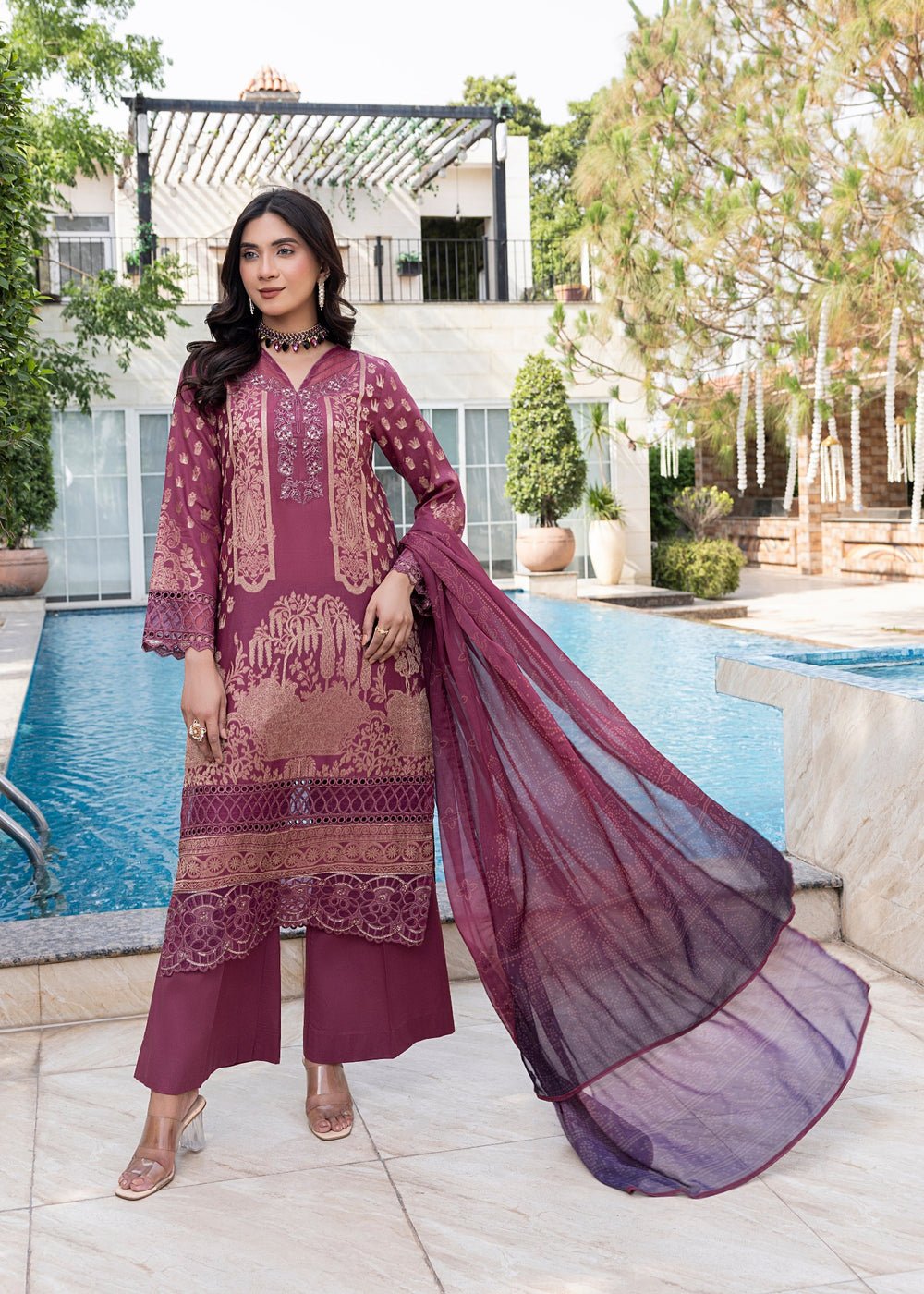 Diara Couture | Eid Lawn 26 | EID. COCOA - ZD-21-Brand:Diara Couture-Type:Ladies Clothes-Magenta-Jacquard-House of Maryam- Buy in UK, USA