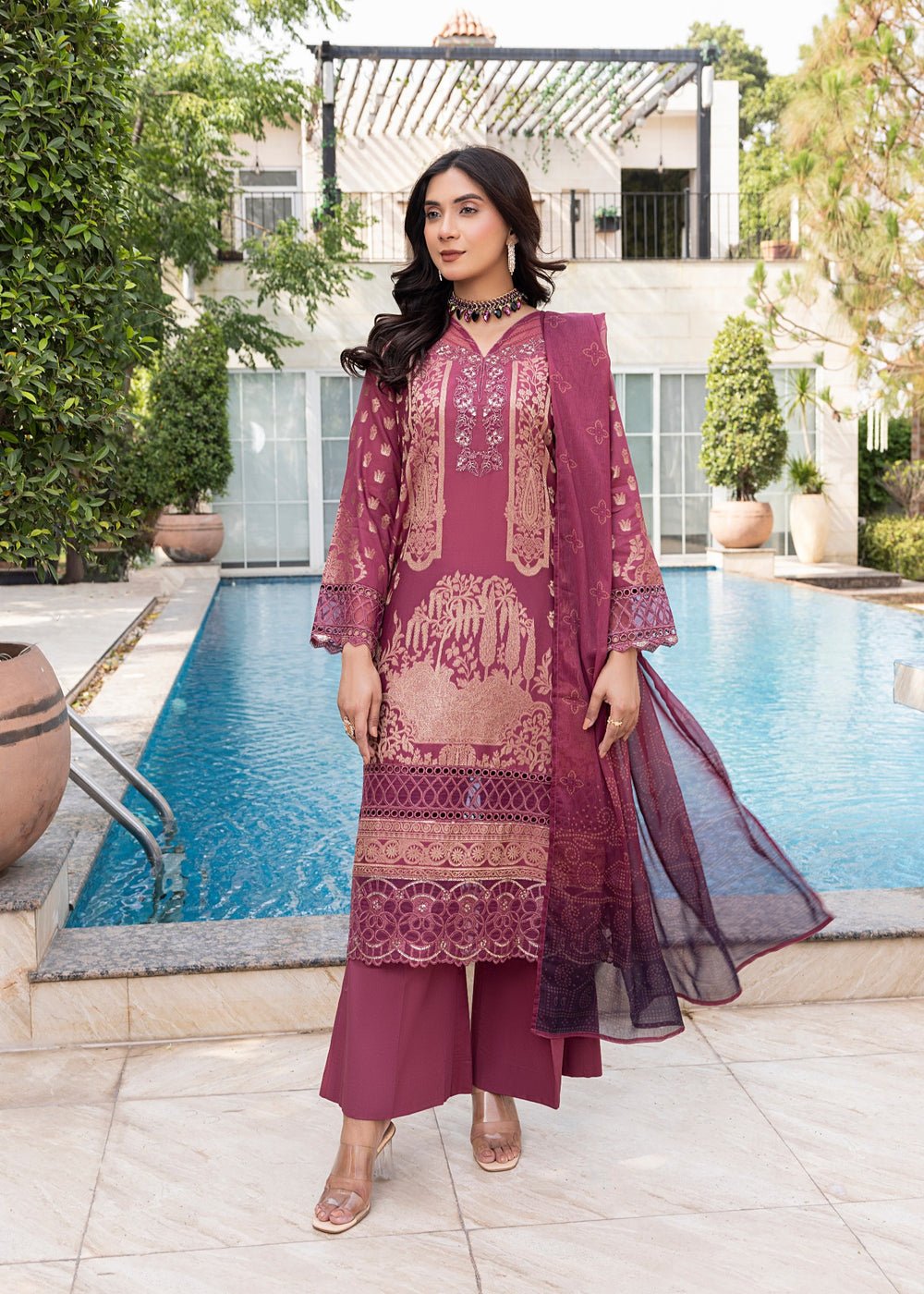 Diara Couture | Eid Lawn 26 | EID. COCOA - ZD-21-Brand:Diara Couture-Type:Ladies Clothes-Magenta-Jacquard-House of Maryam- Buy in UK, USA