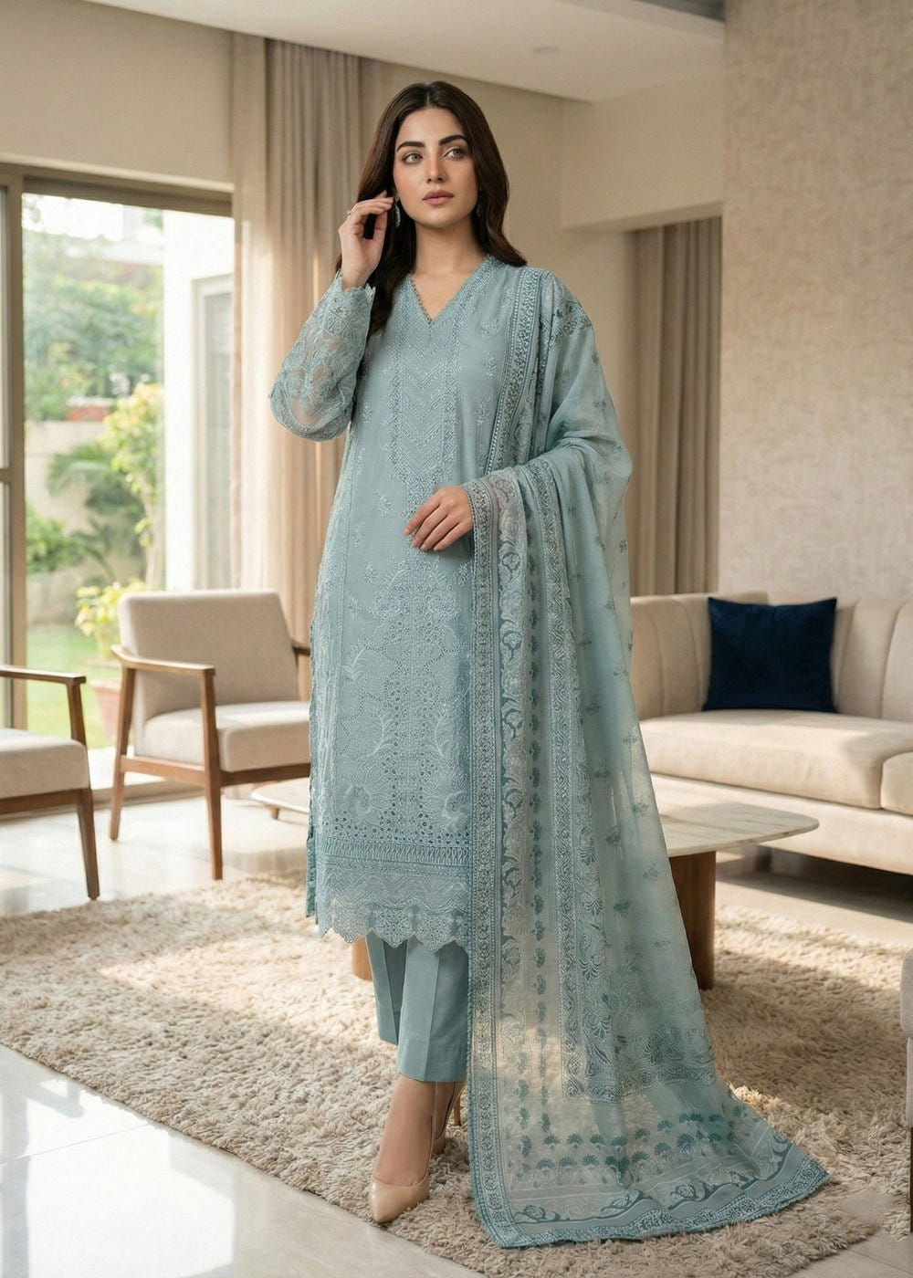 Diara Couture | Eid Lawn 26 |EID. ELIYAAR - ZD-4672-Brand:Diara Couture-Type:Ladies Clothes-Light Blue Gray-Cotton-House of Maryam- Buy in UK, USA