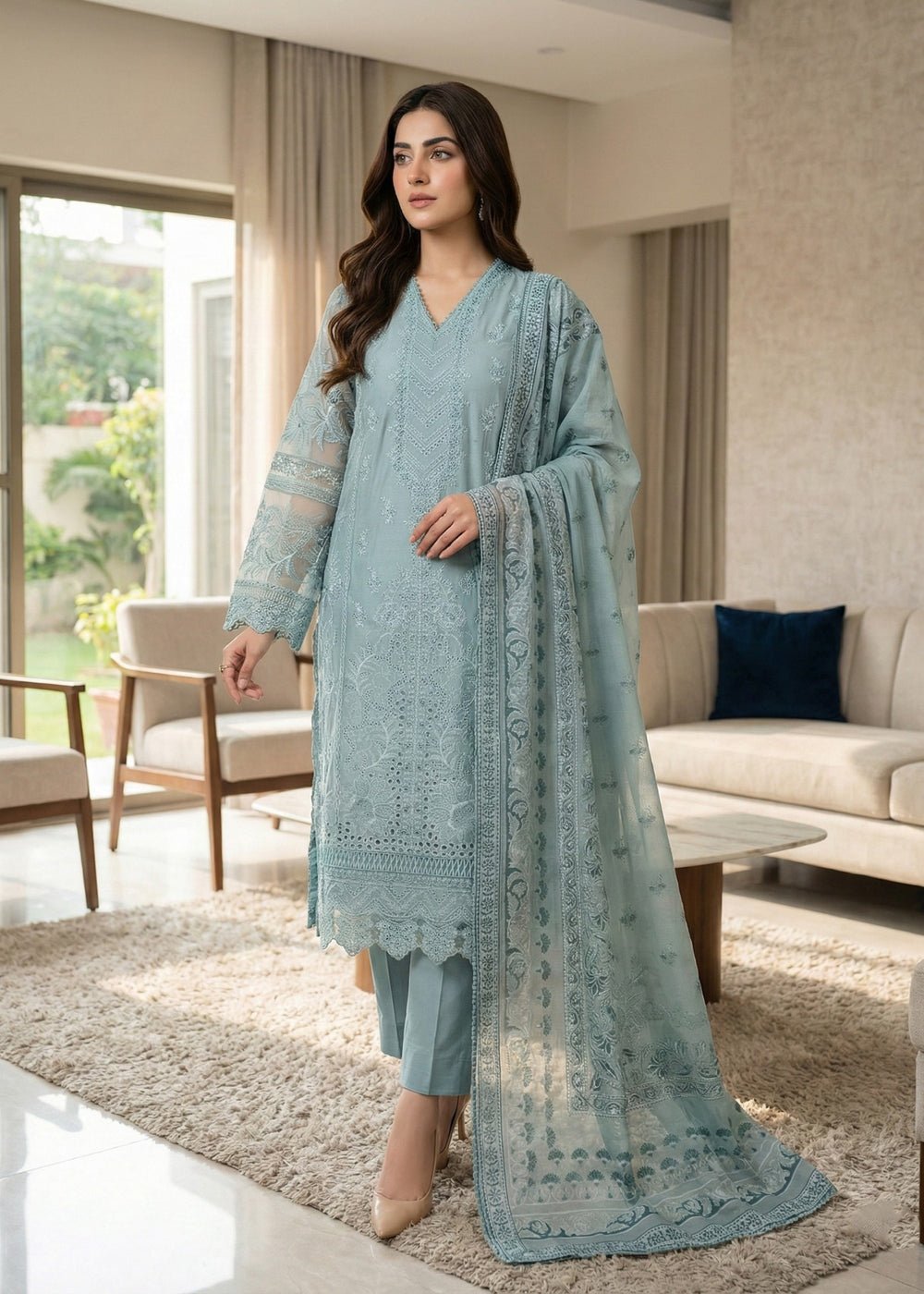 Diara Couture | Eid Lawn 26 |EID. ELIYAAR - ZD-4672-Brand:Diara Couture-Type:Ladies Clothes-Light Blue Gray-Cotton-House of Maryam- Buy in UK, USA