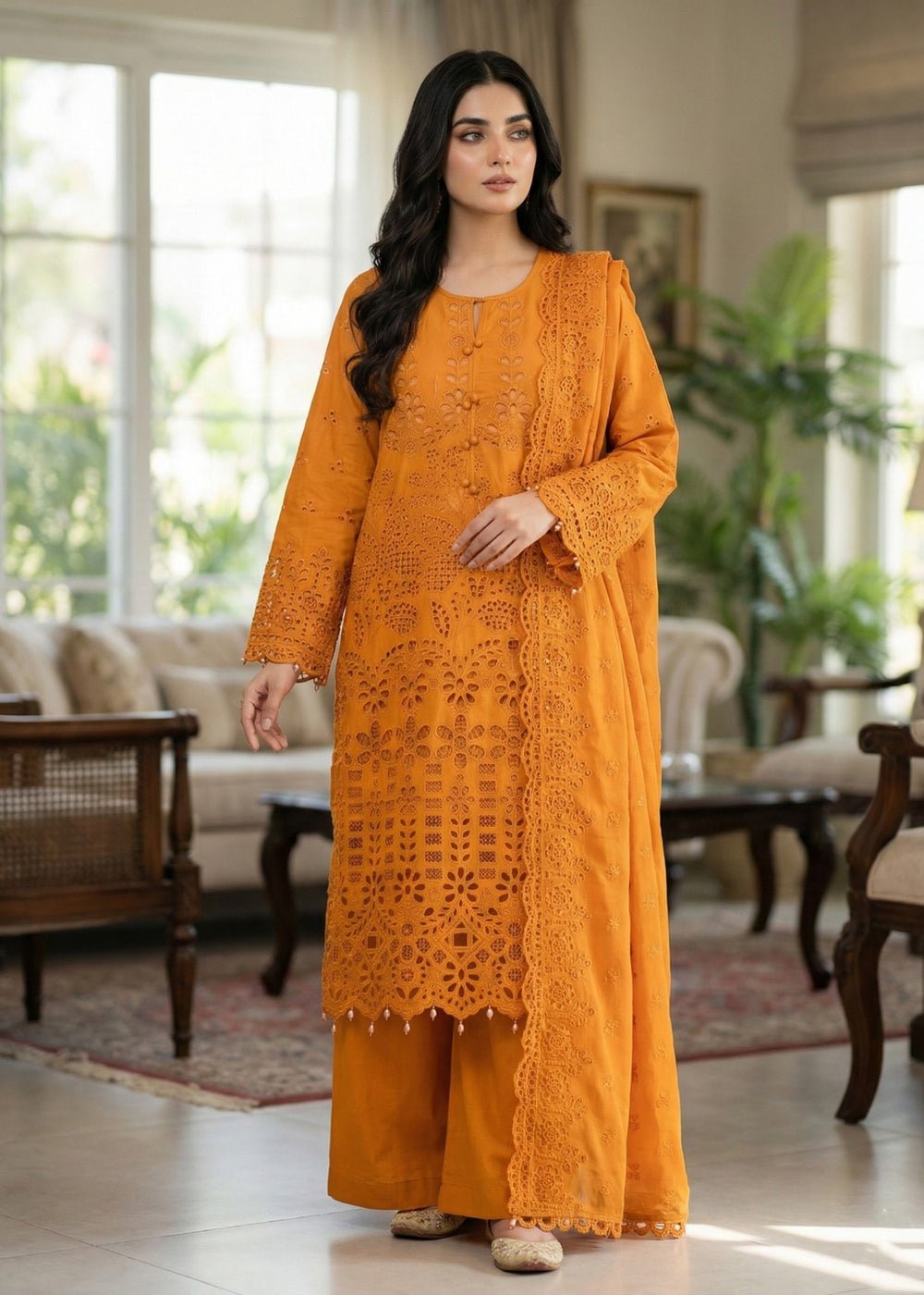 Diara Couture | Eid Lawn 26 |EID. ELIYAAR - ZD-4672-Brand:Diara Couture-Type:Ladies Clothes-Mustard Yellow-Cotton-House of Maryam- Buy in UK, USA