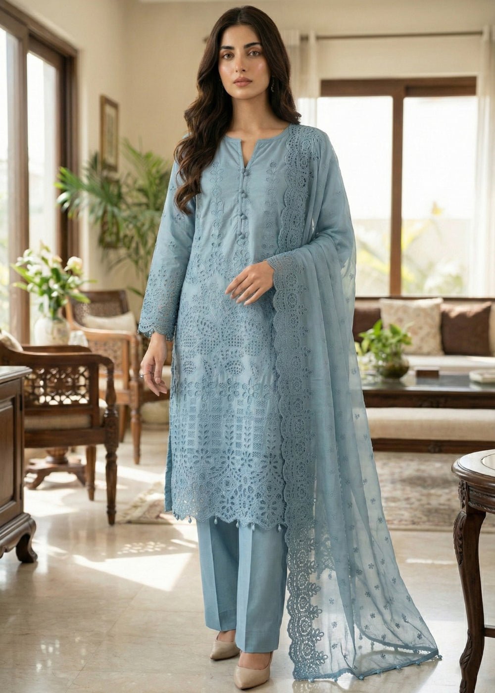 Diara Couture | Eid Lawn 26 |EID. ELIYAAR - ZD-4672-Brand:Diara Couture-Type:Ladies Clothes-Powder Blue-Cotton-House of Maryam- Buy in UK, USA